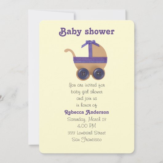 赤ちゃんシャワー用の桃と紫のベビーキャリッジ 招待状 (正面)