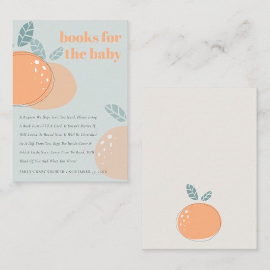 赤ちゃんシャワー用の濃い青オレンジ色のフルーティブック エンクロージャーカード (正面/裏面)