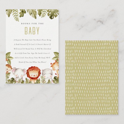 赤ちゃんシャワー用の熱帯性サファリ動物の本 エンクロージャーカード (正面/裏面)