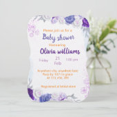 赤ちゃんシャワー用の紫の埃っぽいブルーフローラデライト 招待状 (スタンド正面)
