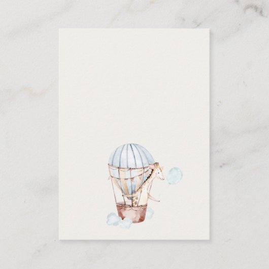 赤ちゃんシャワー用の青い熱気球動物の本 エンクロージャーカード (裏面)