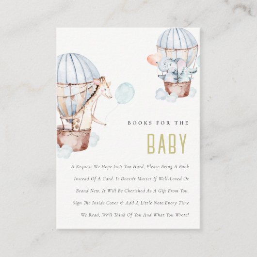 赤ちゃんシャワー用の青い熱気球動物の本 エンクロージャーカード (正面)