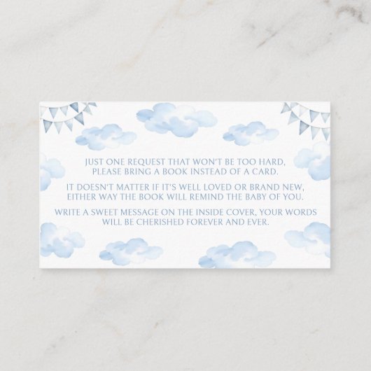 赤ちゃんシャワー用の青い飛行機テディベア弓ブック エンクロージャーカード (裏面)