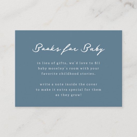 赤ちゃんシャワー用の青と白の本ベビー エンクロージャーカード (正面)
