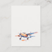 赤ちゃんシャワー用の青オレンジ赤面飛行機の本 エンクロージャーカード (裏面)