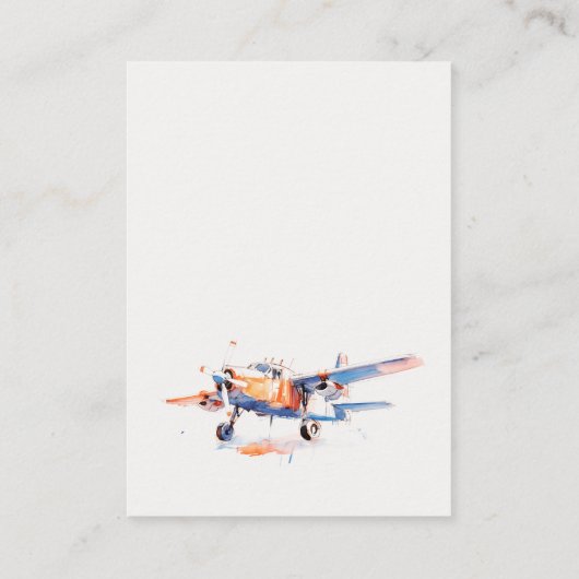 赤ちゃんシャワー用の青オレンジ赤面飛行機の本 エンクロージャーカード (裏面)