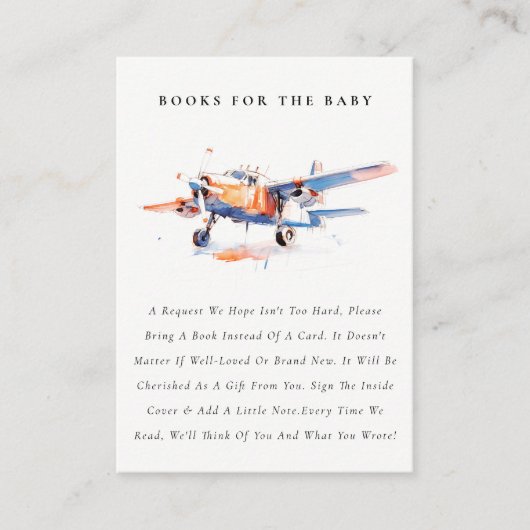 赤ちゃんシャワー用の青オレンジ赤面飛行機の本 エンクロージャーカード (正面)