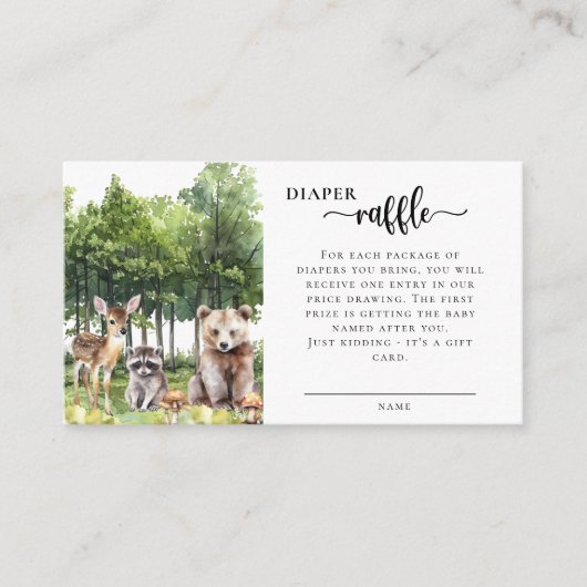 赤ちゃんシャワー用ウッドランド動物おむつラッフルカード エンクロージャーカード (正面)