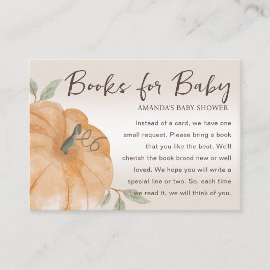 赤ちゃんシャワー用オレンジ色の小さなかぼちゃの本 エンクロージャーカード (正面)