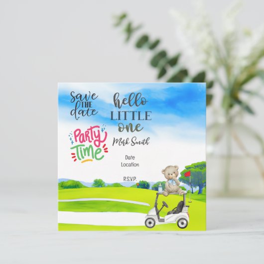 赤ちゃんシャワー用ゴルフテディベア 招待状 (スタンド正面)