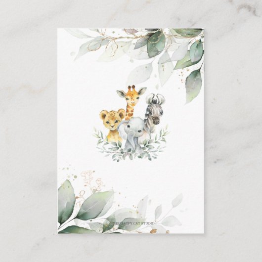 赤ちゃんシャワー用シックな緑のジャングル動物の本 エンクロージャーカード (裏面)