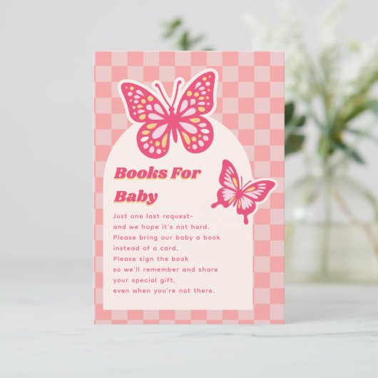 赤ちゃんシャワー用バタフライピンクの本 エンクロージャーカード (スタンド正面)