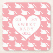 赤ちゃんシャワー用ピンクと白の白鳥パターン スクエアペーパーコースター (正面)