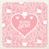 赤ちゃんシャワー用ピンクと白の白鳥パターン スクエアペーパーコースター (正面)