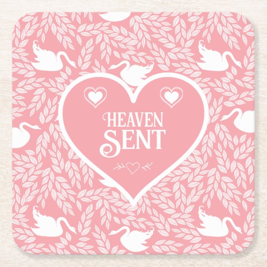 赤ちゃんシャワー用ピンクと白の白鳥パターン スクエアペーパーコースター (正面)