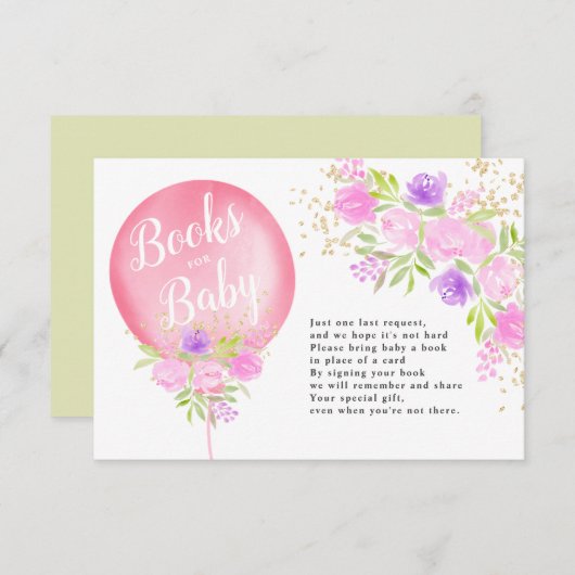 赤ちゃんシャワー用ピンクのフローラバルーンブック エンクロージャーカード (正面/裏面)