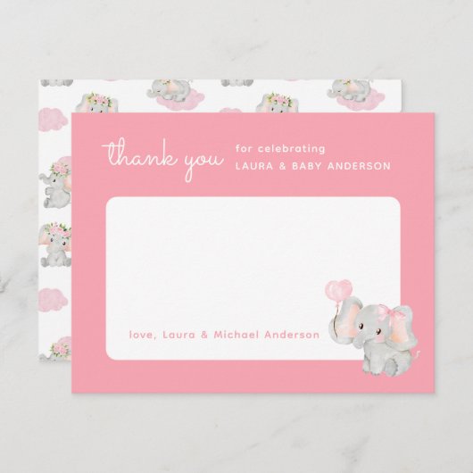 赤ちゃんシャワー用ピンクゾウサンキューカード サンキューカード (正面/裏面)