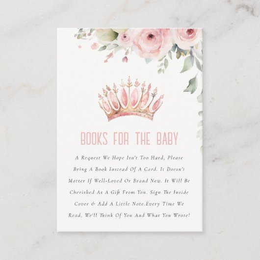 赤ちゃんシャワー用ピンクプリンセスクラウンフローラブック エンクロージャーカード (正面)