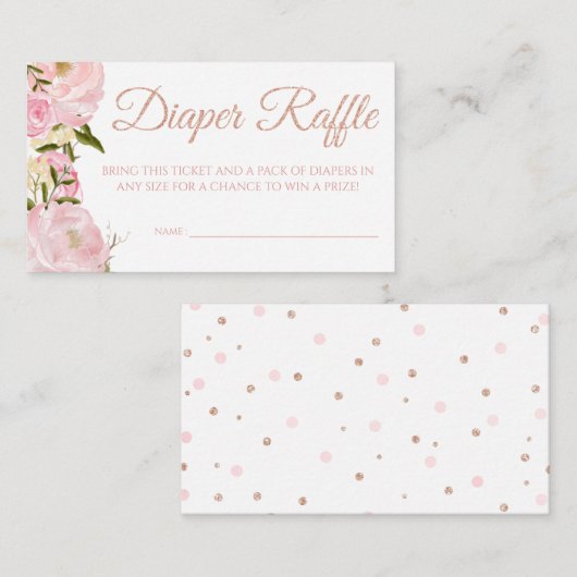 赤ちゃんシャワー用ピンク牡丹おむつラッフルチケット エンクロージャーカード (正面/裏面)
