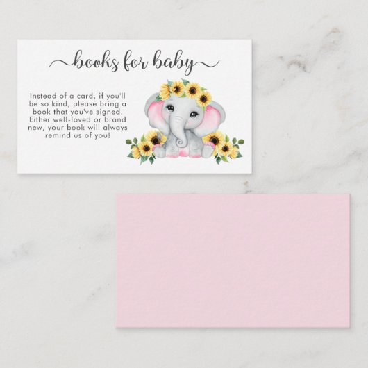 赤ちゃんシャワー用ピンク象ひまわり本 エンクロージャーカード (正面/裏面)