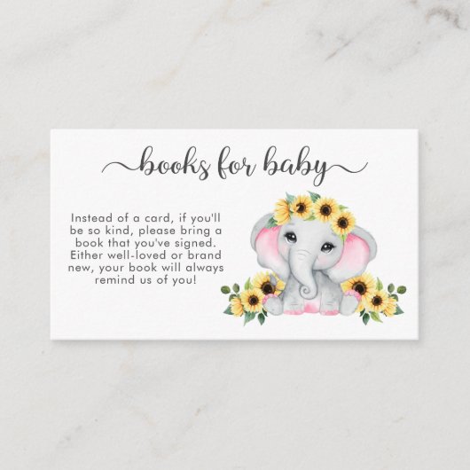 赤ちゃんシャワー用ピンク象ひまわり本 エンクロージャーカード (正面)