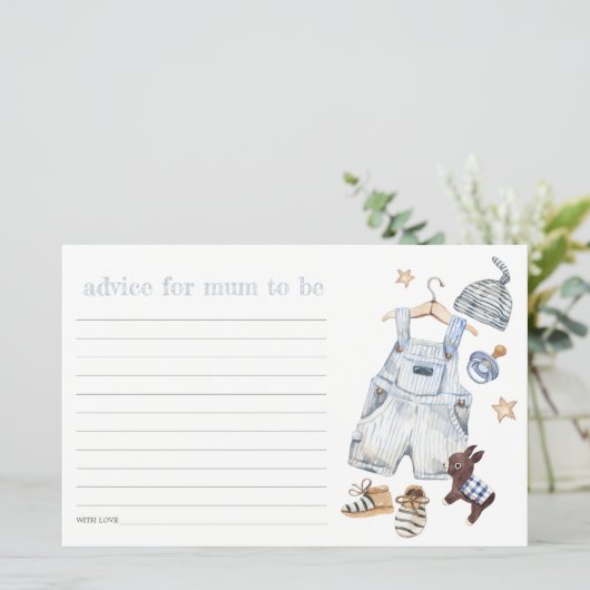 赤ちゃんシャワー用ママ用の青い赤ちゃん服アドバイス (スタンド正面)