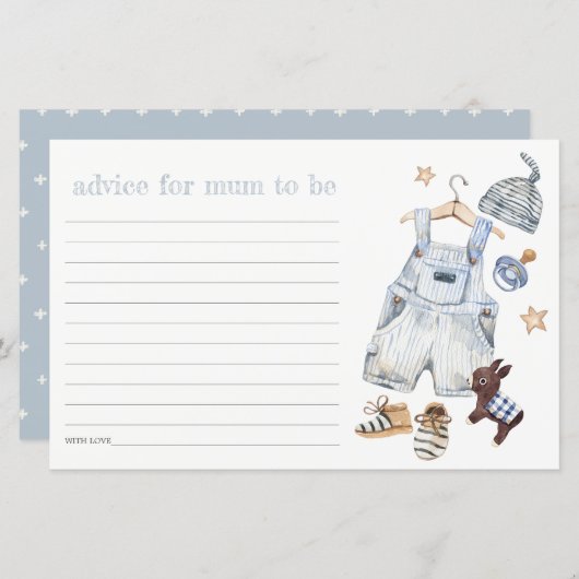 赤ちゃんシャワー用ママ用の青い赤ちゃん服アドバイス (正面/裏面)