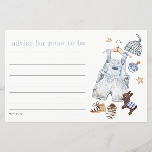 赤ちゃんシャワー用ママ用の青い赤ちゃん服アドバイス (正面)