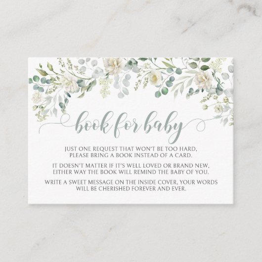 赤ちゃんシャワー用ユーカリ緑フローラ本 エンクロージャーカード (正面)