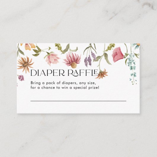 赤ちゃんシャワー用ワイルドフラワーおむつラッフルカード エンクロージャーカード (正面)