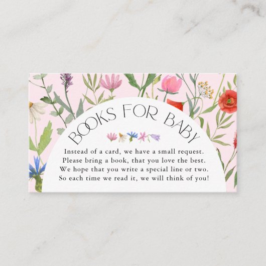 赤ちゃんシャワー用ワイルドフラワーピンクの女の子の本 エンクロージャーカード (正面)