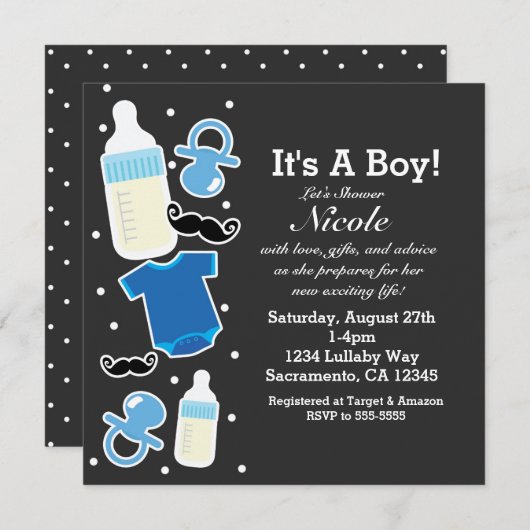 赤ちゃんシャワー男の子の事青と灰色モダン 招待状 (正面/裏面)