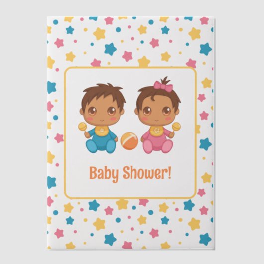 赤ちゃんシャワー男の子の双子スターダークインサート ベラム紙招待状 (正面)