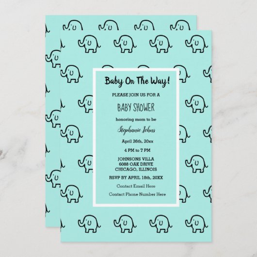 赤ちゃんシャワー男の子の女の子ゾウのパターンかわいいティール(緑がかった色) 招待状 (正面/裏面)