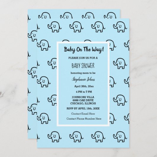 赤ちゃんシャワー男の子の女の子ゾウのパターン青かわいい 招待状 (正面/裏面)
