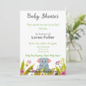 赤ちゃんシャワー男の子の女の子ゾウ灰色の花 招待状 (スタンド正面)