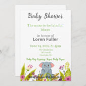 赤ちゃんシャワー男の子の女の子ゾウ灰色の花 招待状 (正面/裏面)