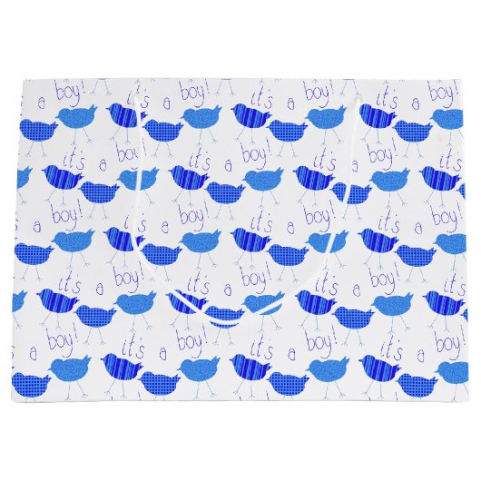 赤ちゃんシャワー男の子の青パターン(の模様が)あるい鳥だ ラージペーパーバッグ (正面)