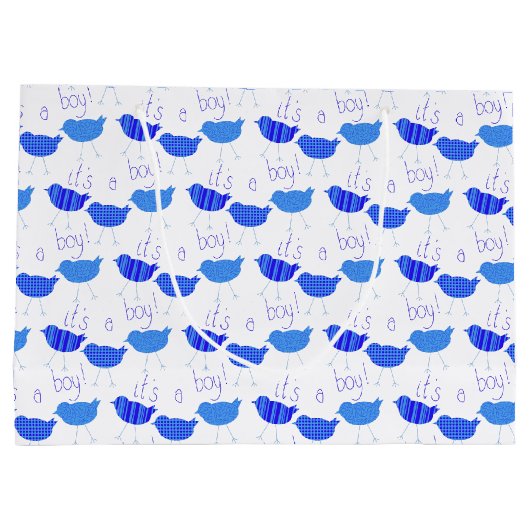 赤ちゃんシャワー男の子の青パターン(の模様が)あるい鳥だ ラージペーパーバッグ (裏面)