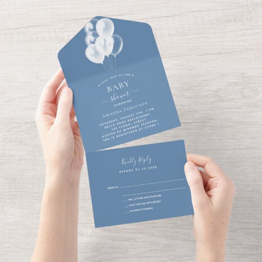 赤ちゃんシャワー男の子ほこりっぽい青い風船RSVP オールインワン招待状 (貼ってはがせる)