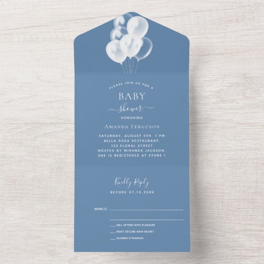 赤ちゃんシャワー男の子ほこりっぽい青い風船RSVP オールインワン招待状 (内側)