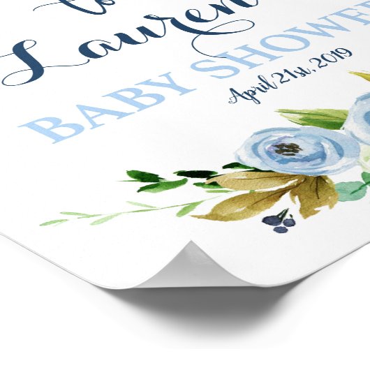 赤ちゃんシャワー男の子ウェルカムサイン、フローラブルー ポスター (角)