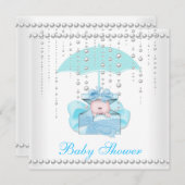 赤ちゃんシャワー男の子ベビーブルーアンブレラパールホワイト 招待状 (正面/裏面)