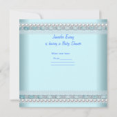 赤ちゃんシャワー男の子ベビーブルーギフトパールレーススポット 招待状 (裏面)