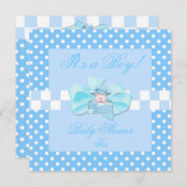 赤ちゃんシャワー男の子ベビーブルー白水玉模様チェック 招待状 (正面/裏面)