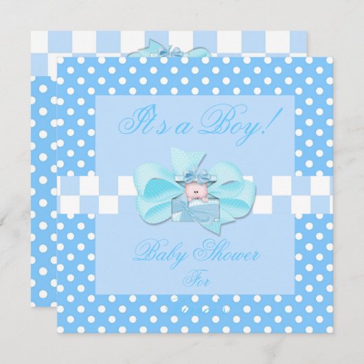 赤ちゃんシャワー男の子ベビーブルー白水玉模様チェック 招待状 (正面/裏面)