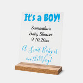 赤ちゃんシャワー男の子ホワイトブルーの名前澄ん アクリルサイン (傾斜)