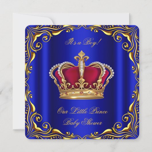 赤ちゃんシャワー男の子リトルプリンス王室のブルーレッド金ゴールド 招待状 (正面)