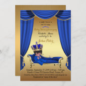 赤ちゃんシャワー男の子、ゴールデンストリップ、青と金ゴールド。 招待状 (正面/裏面)