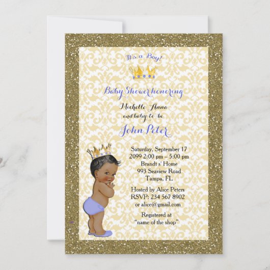 赤ちゃんシャワー男の子、金色のフレーム、白と金ゴールド。 招待状 (正面)